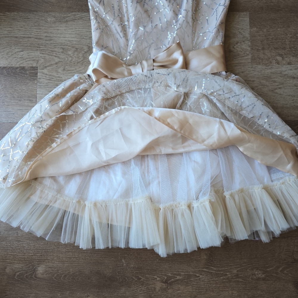 Vintage Jessica McClintock Champagne Sequin Belted Strapless Tulle Dress 9 Y2K - Picture 13 of 13